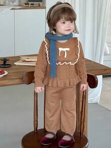 DAZY Conjunto de 2 piezas de suéter de punto con lazo y volantes & leggings para niñas pequeñas, otoño e invierno - Marrón - Ver 2
