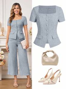 Ellevyn 女士方领短袖单排扣优雅衬衫 - 藍色 - 查看 3