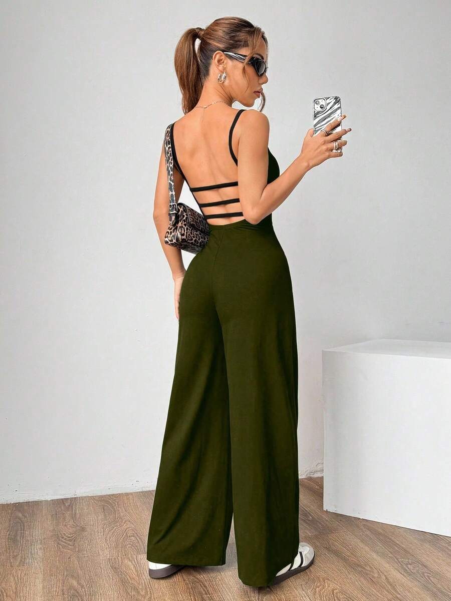 Flirla Bộ đồ liền thân hở lưng màu trơn gợi cảm mùa hè - xanh quân đội - Xem 1