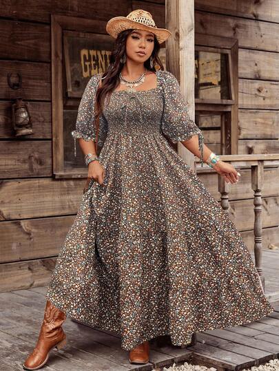 SHEIN MOOSTA Plus Size Women's Bohemian Style Vintage Square Neck Romantic Colorful Ditsy Floral Maxi Layered Dress Bohemian Maxi Dress Plus Size Western Dress Boho Maxi Dress For Women Boho Dress Curve Plus Size Boho Maxi Dress
