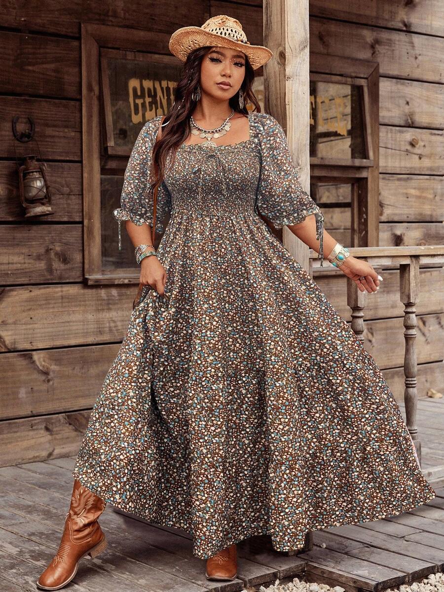 SHEIN MOOSTA 大码女式波西米亚风格复古方领浪漫彩色碎花长款层叠连衣裙 - 彩色 - 查看 1