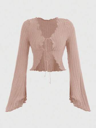 Hippie Blusa casual da donna con maniche a sbuffo e laccio frontale in colore unito