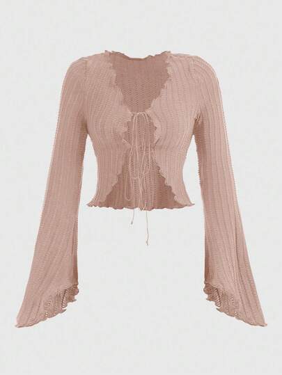 Hippie بلوزة نسائية كاجوال بأكمام واسعة وربطة أمامية بلون أحادي