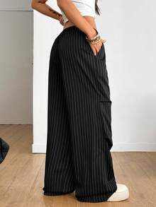 Coolane 女式夏季基本款条纹阔腿运动裤 - 黑色 - 查看 5