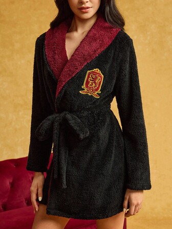 HARRY POTTER X SHEIN 女士交叉裹身撞色刺绣系带长袖长袍，秋冬款