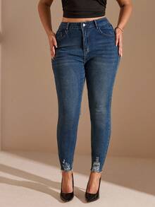 SHEIN BAE Plus Ripped Raw Edge Skinny Jeans, Fall Women Clothes