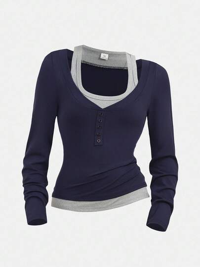 SHEIN Girlism Teen Girls' Colorblock Patchwork 2-In-1 Design T-Shirt, Fitted Silhouette, Casual Style Navy Blue Long Sleeve Top Button Down Shirt Layered Top Women Navy Top Fitted Long Sleeve Top Fall Winter