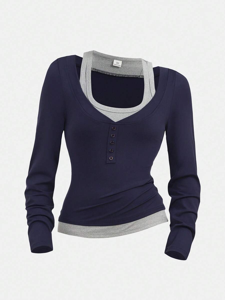 SHEIN Girlism 青少年女孩拼色拼接二合一设计 T 恤,修身廓形,休闲风格海军蓝长袖上衣纽扣衬衫分层上衣女士海军蓝上衣修身长袖上衣 - 藏蓝色 - 查看 1