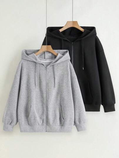 INAWLY Sweat-shirt-shirt à capuche zippé avec cordon de serrage, manches longues, épaules tombantes, couleur unie, décontracté pour l'automne, pour femmes