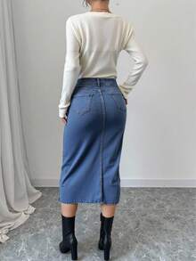Elenzga Women's Casual Denim Skirt With Slits - Light Wash - View 2