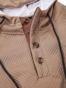 Manfinity Homme 男士撞色半开襟休闲抽绳连帽衫，秋季款，长袖上衣 - 卡其色 - 查看 5