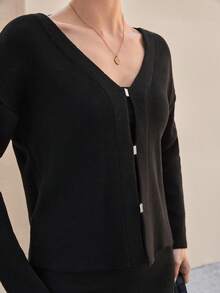 CLARA VERO Chic V-Neck Long Sleeve Front Clasp Detail Bodycon Sweater Dress,Loungewear Set,Petite,Winter Clothes,Two Piece Set Women - Black - View 5