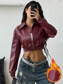 Coolane 女款秋季街頭風街頭穿搭外出夜生活約會辦公穿著復古酒紅皮革短夾克 - 酒紅色 - 查看 3