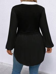 SHEIN Clasi Áo cánh cổ tương phản thường ngày cho nữ cỡ lớn - Đen và trắng - Xem 2