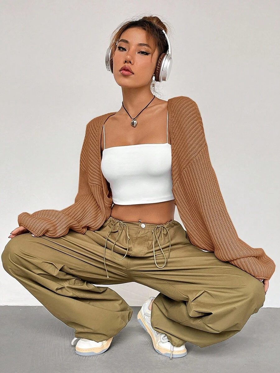 Flirla 女式纯色落肩长袖短款休闲开衫，秋季 - 棕色 - 查看 1