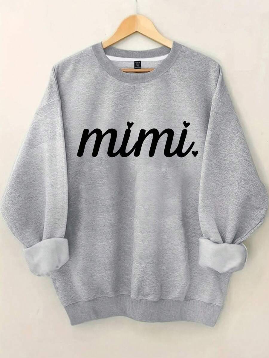 EMERY ROSE Long Sleeve Casual Crew Neck Mimi Print Pullover Sweatshirt For Spring & Fall, ,Graduation,Teacher,Back To School - Light Grey - View 1
