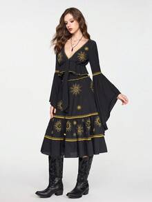 ROMWE EDITION 2pcs/Set Casual Vacation Mysterious Star & Moon Embroidery Top And A-Line Skirt Set For Women - Black - View 3