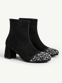 CUCCOO CHICEST Women's Autumn/Winter New Rhinestone Embellished Colorblock Square Toe Chunky Heel Elegant Dress Shoes, Suitable For Formal Occasions, Parties, Workplace, Halloween, Christmas, Thanksgiving - Black - View 2