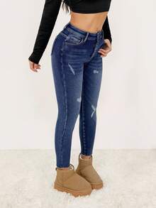 SHEIN PETITE 女士休闲修身保暖牛仔裤，秋冬季，温暖卡其色保暖内衬时尚做旧深色水洗修身蓝色牛仔裤 - 深色水洗藍 - 查看 7