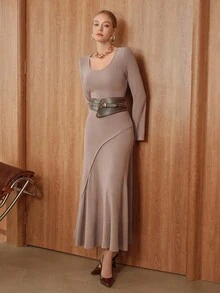 SHEIN Unity Solid Color Round Neck Fitted Long Dress  Business Casual Women  Winter Dresses  Going Out Outfits Elegant Long Graduation Dress - Coffee - View 4