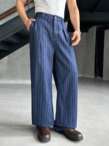 ESTAVOR 男士口袋条纹褶皱阔腿宽松休闲牛仔裤 - 藍色 - 查看 3