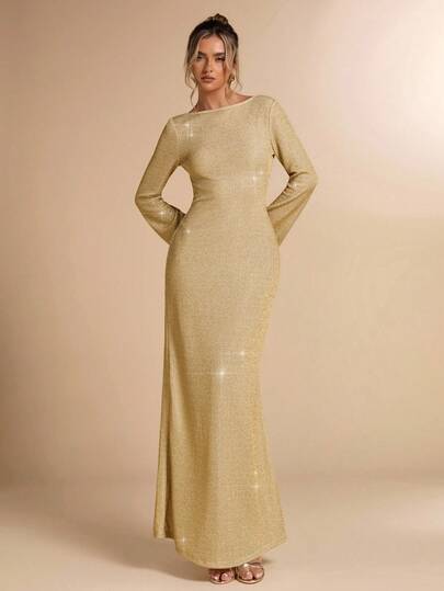 SHEIN BAE Autumn/Winter Solid Color Metallic Glitter Knit Long Sleeve Backless Dress, Elegant Sexy Backless Dress, Suitable For Formal Occasions, Cocktail Parties, Clubs, Wedding Guests, Birthday Party, Bridesmaid Dress