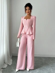 Selianne 女士粉色竹纤维方领收腰纽扣设计优雅高端美学褶皱后腰简约长袖开衫，适合秋季穿着