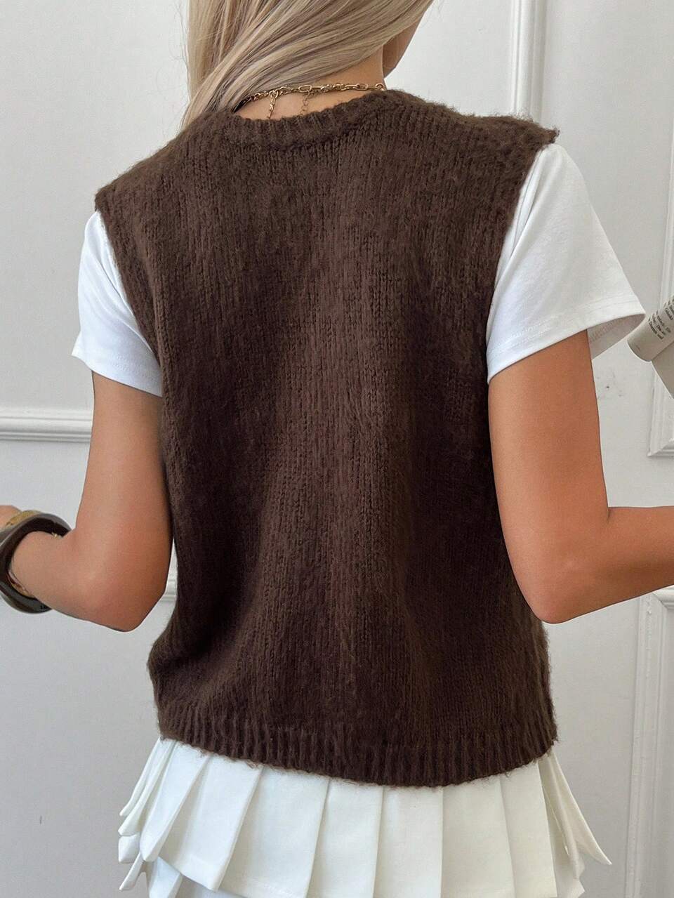 Women's Sleeveless Cardigan Sweater Vest, Brown, Autumn/Winter New Arrival