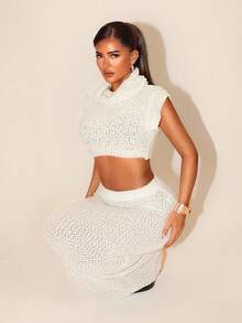 Sirith Women's Solid Color Cropped Knit Top And Knitted Blend Pencil Skirt 2 Pieces Set, Fitted & Sexy