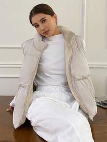 DAZY 女士纯色拉链前开襟休闲保暖背心，冬季女式外套 - 米色 - 查看 9