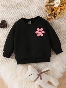 SHEIN Playful Pals Baby Girls' Casual Fashionable Colorful Gradient Letter, Flower, Face, Funny Slogan Graphic Print Crew Neck Sweatshirt, Black Hoodie For Autumn Baby Girl Clothes Baby Girl Loves Daddy Sweatshirt Long Sleeve Baby Girl Baby Girl Graphic Shirt Baby Girl Sweatshirt Fall Winter