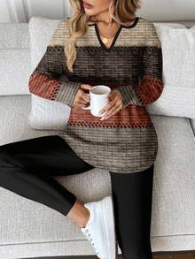 SHEIN LUNE 2 件套女士秋冬长袖 T 恤和紧身裤，深棕色和橙色仿机械条纹定位印花图案，适合休闲家居风格 - 彩色 - 查看 1