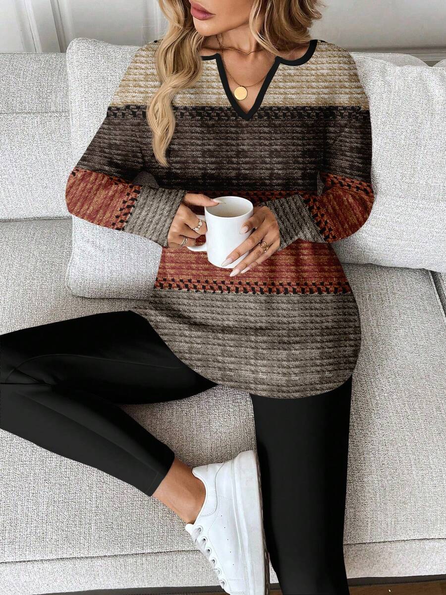 SHEIN LUNE 2 件套女士秋冬长袖 T 恤和紧身裤，深棕色和橙色仿机械条纹定位印花图案，适合休闲家居风格 - 彩色 - 查看 1