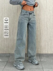 EURMUSE Women's Fashionable Versatile Summer Loose Straight Leg Low Waist Casual Denim Jeans - Medium Wash - View 1