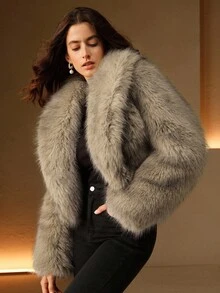 Anewsta Autumn/Winter Slimming Retro Khaki Short Faux Fur Women's Jacket - Khaki - View 9