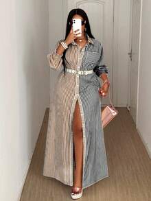 Maweii 2025 Plus Size Women's Striped Color Block Print Cuff Gathered Commute Everyday Versatile Spring/Summer Fabric Stand Collar Fashionable Design High Slit Dress - Multicolor - View 5