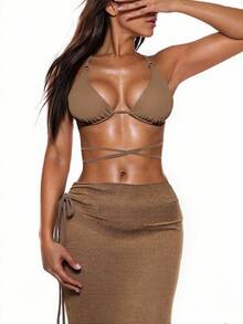 Swim Basics Summer Beach Solid Color V-Neck Halter Bra & Swim Bottom & Beach Cover Up Skirt Bikini Set Bathing Suit - Coffee Brown - View 7