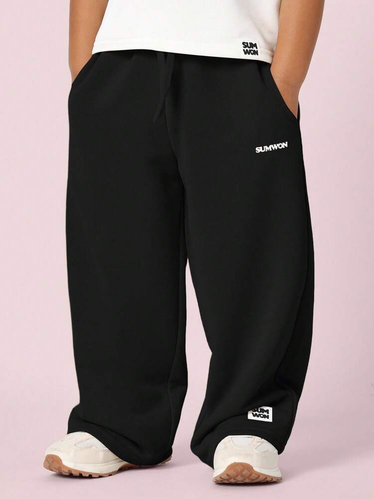 Wide Leg Fleece Sweatpants With Logo Details
