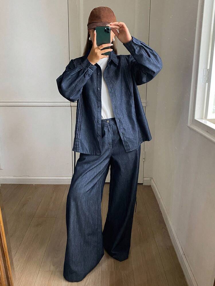 Women's Waist Cinched Back Tie Loose Denim Shirt And Wide Leg Jeans Casual Denim Suit