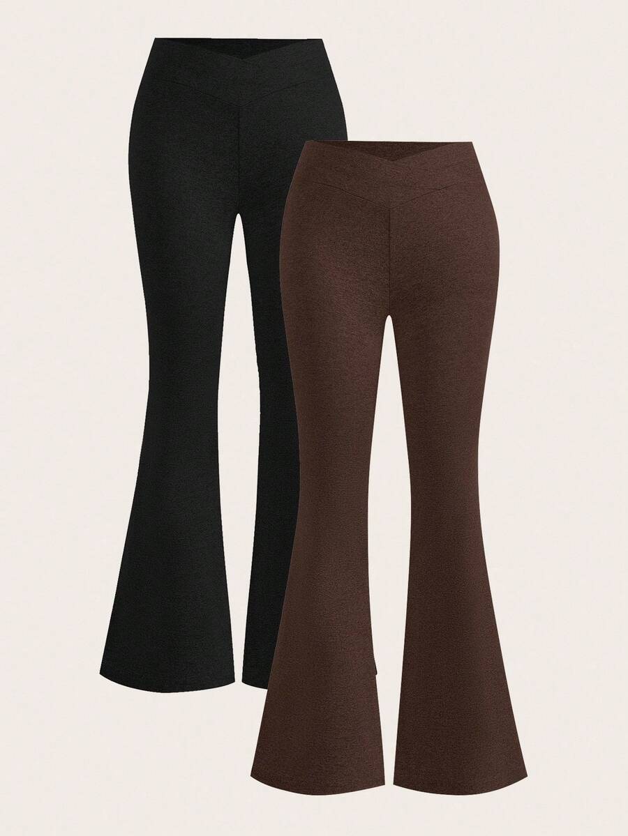 SHEIN EZwear Bộ 2 quần ống loe bó sát thiết kế chéo cạp chun màu đen và cà phê dành cho nữ - Nhiều màu - Xem 1
