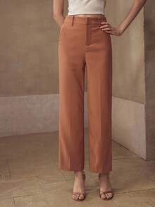 MOTF Classy Pantalones de traje con cierre de cremallera y costura frontal sólida - Marrón Mocha - Ver 4