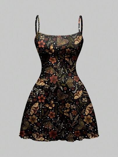 Goth Spring/Summer Casual Baech Black Graphic Hippie Cute Moth Butterfly Flower Plant Autumn Maple Leaf Moon Star Full Print Mini Plus Size Dress