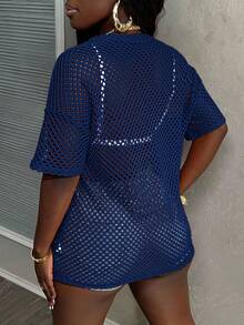 Slaydiva Music Festival Black Versatile Sexy Casual Loose Mesh Crochet Women's Short Sleeved T-Shirt Top - Navy Blue - View 2