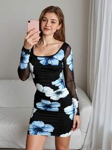 SHEIN Teen Girl Vacation 2-Piece Set: Floral Print Square Neck Ruched Top With Asymmetric Hem And Ruched Mini Skirt - Black - View 5