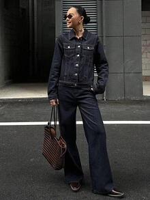 DAZY 女士休闲水洗牛仔上衣和阔腿裤套装，秋季