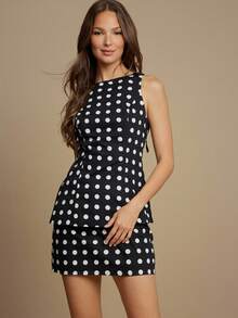WESTFADE Black And White Polka Dot 100% Cotton Poplin Bow Tie Back Cut Out Sleeveless Top & High Waist Mini Skirt Women 2 Pieces Set,Autumn,Classy,Tea Party - Multicolor - View 1