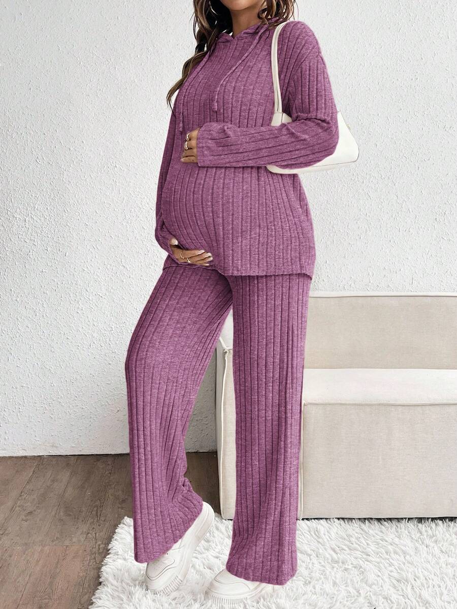 SHEIN 2pcs Maternity Solid Color Long Sleeve Hooded Top And Pants Set, Autumn 2 Pieces Maternity Set 2 Pieces Lounge Sets Woman Pregnancy Clothes Knitted Two Pieces Outfit Maternity Clothes Two Pieces Suits - Pink - View 1
