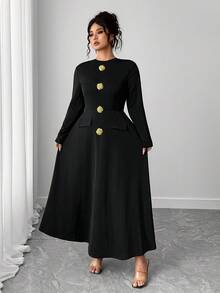 Elenzga Plus Size Women's Metal Buckle Decor Waist Cinched Round Neck Dress, Fashionable Artistic Luxurious Mature Elegant Romantic Dress Fall Cloth For Women - Black - View 4
