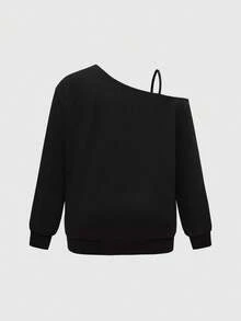ROMWE Goth Sudadera holgada con hombros oblicuos de gato negro para mujer de talla grande en Halloween - Negro - Ver 5