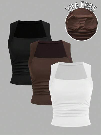 SHEIN EZwear 3pcs Casual Minimalist Versatile Sexy Women's Square Neck Ruched Waist Tank Top, Suitable For Summer , Built-In Bra